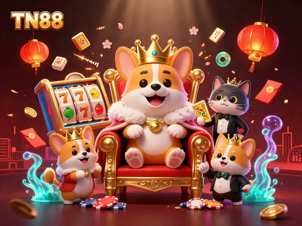 Engage with TN88's vibrant casino world featuring a royal corgi and dynamic gaming elements.