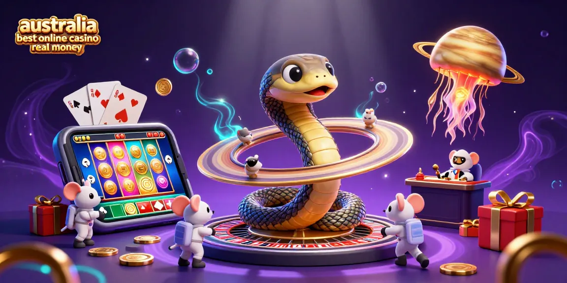 Gamble at the australia best online casino real money with cartoon-themed cosmic gaming setup.