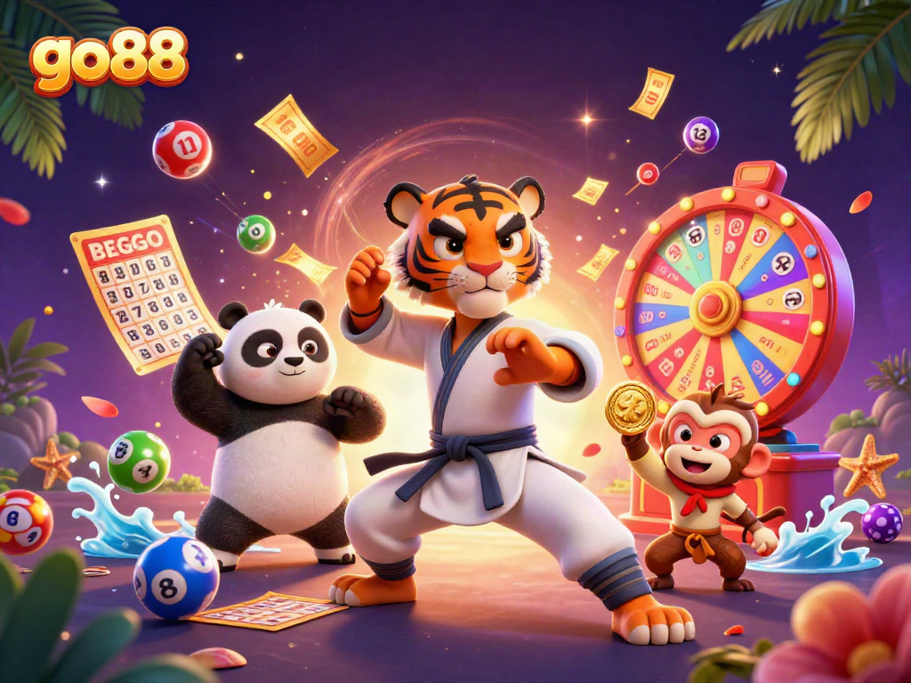 Engage with go88's thrilling lottery games and dynamic colorful elements in this exciting casino scene.
