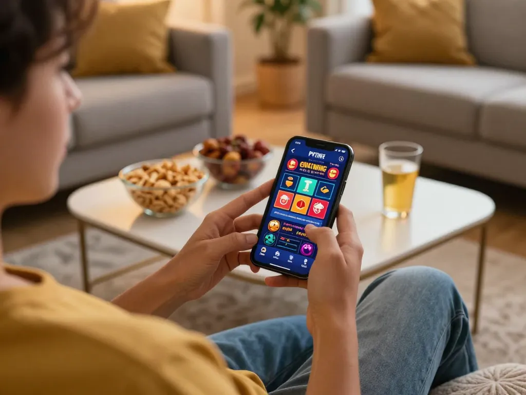 Engaging with ok365 mobile casino app on a stylish couch, showcasing a cozy betting environment.