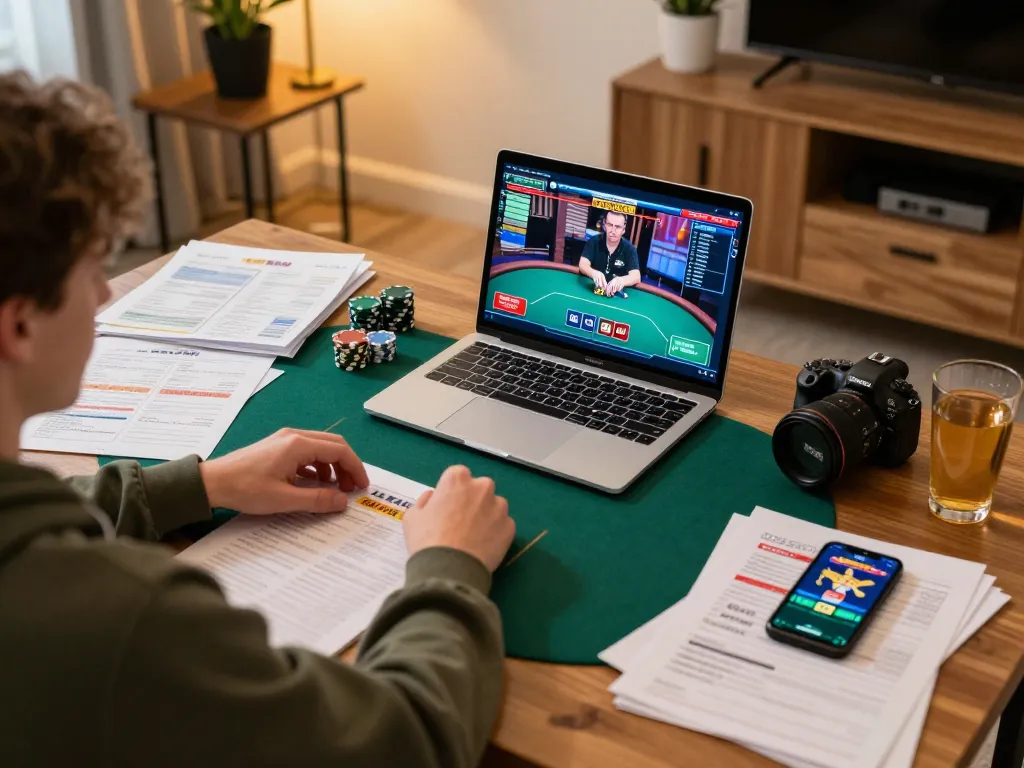 Engaged gamer playing poker on a laptop, showcasing 888bgo online casino experience at home.