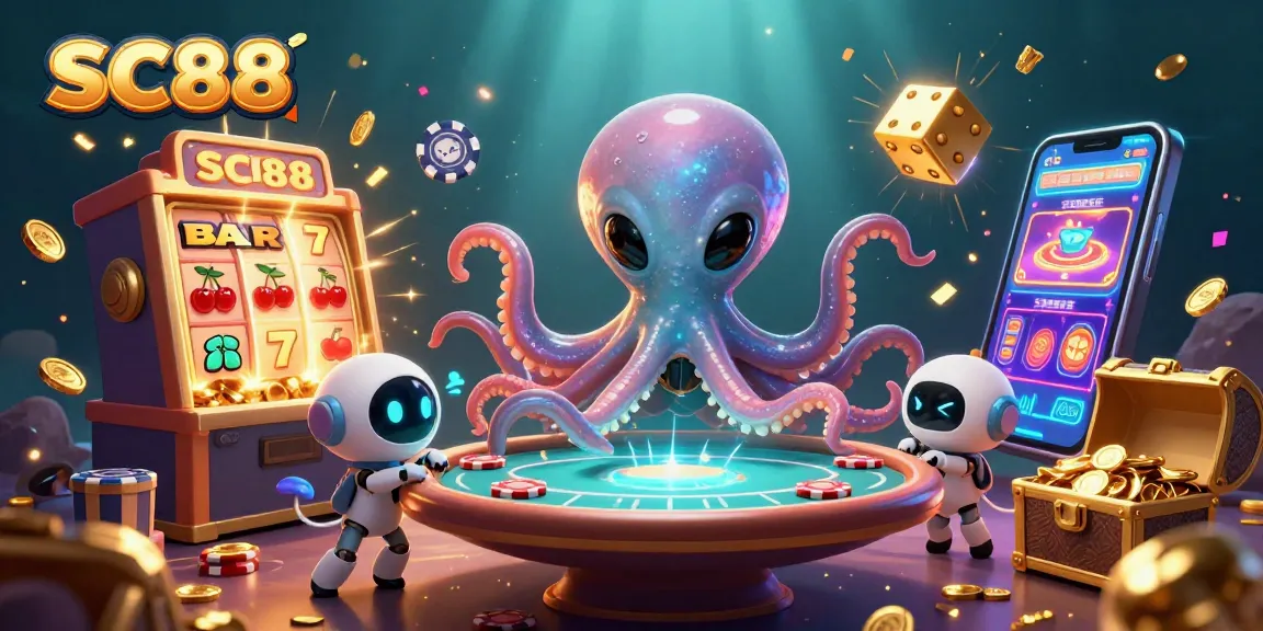 SC88 showcases a vibrant alien octopus operating a holographic poker table, surrounded by dynamic casino elements.