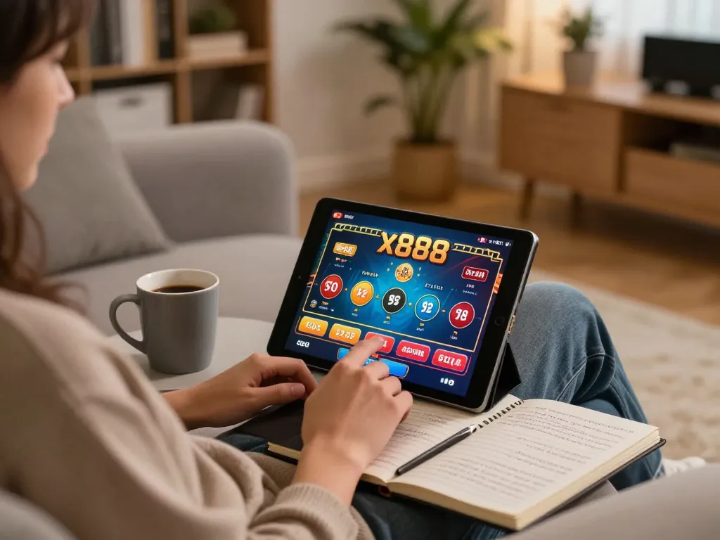 x888 player enjoying an online gaming session on a cozy sofa with strategic notes nearby