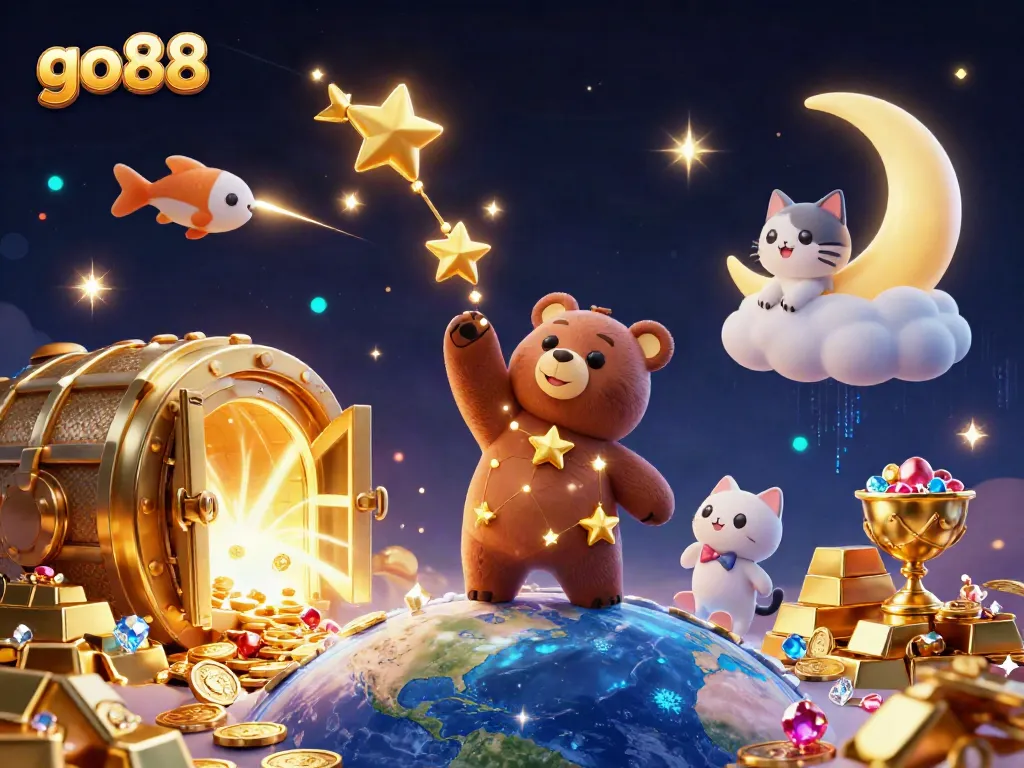 Experience go88's vibrant casino scene with a constellation bear, treasure vaults, and celestial companions.