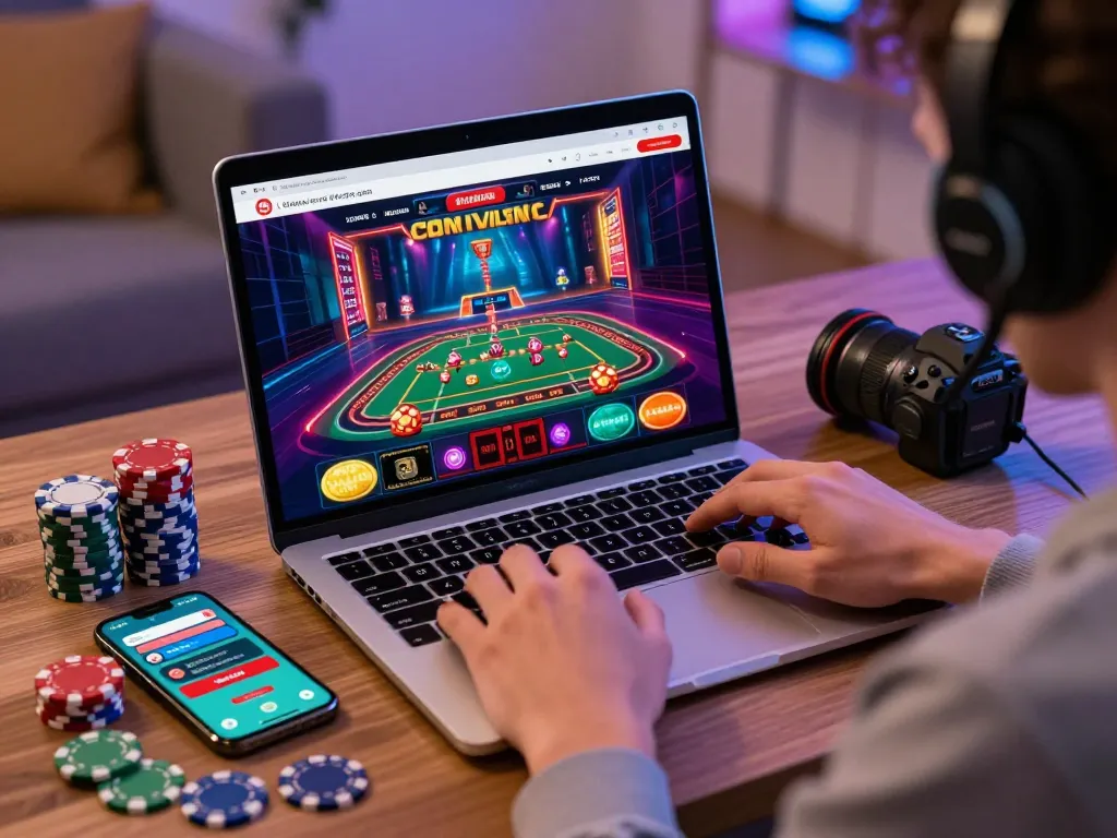 Engaging online gambling scene with man88 interface showcasing vibrant casino game, chips, and modern tech.