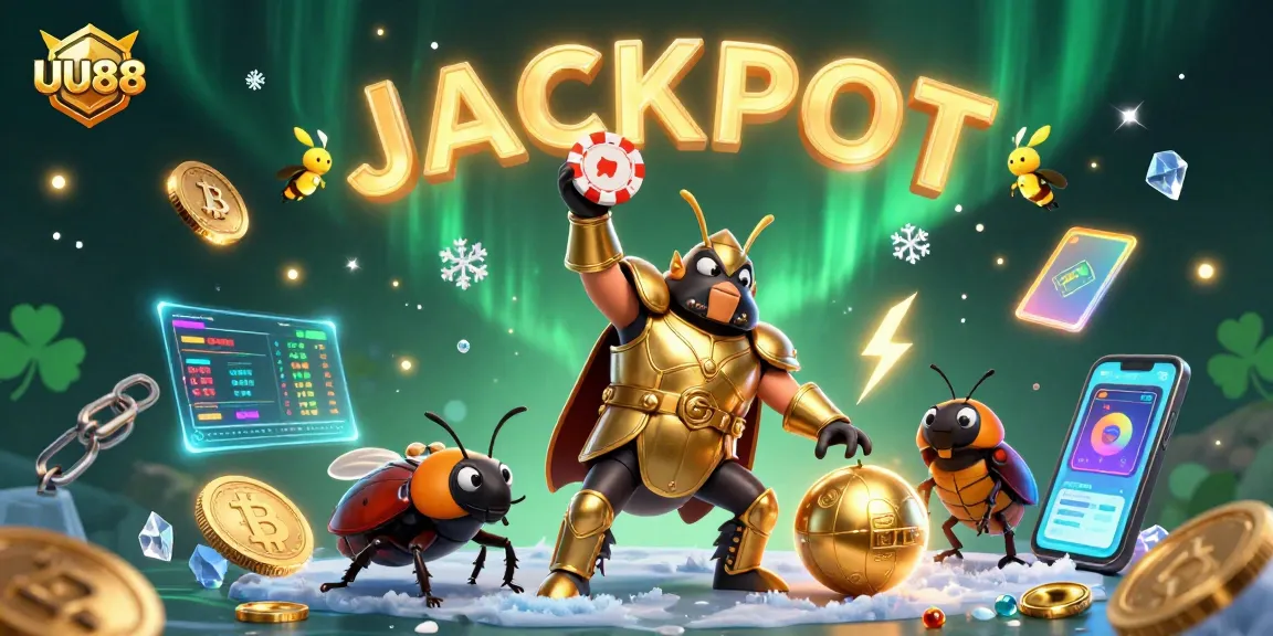 Engage with UU88, where a triumphant beetle celebrates a jackpot amidst vibrant casino elements.