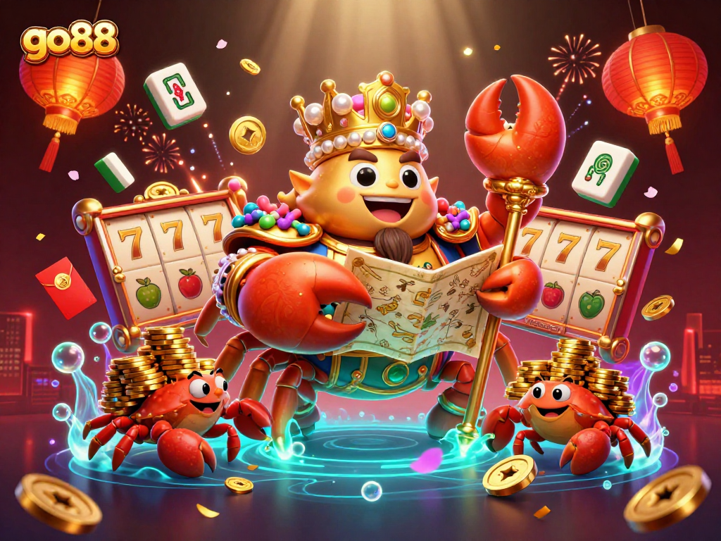 Experience the excitement of go88 with vibrant slot reels and a golden crab emperor in a lively casino scene.