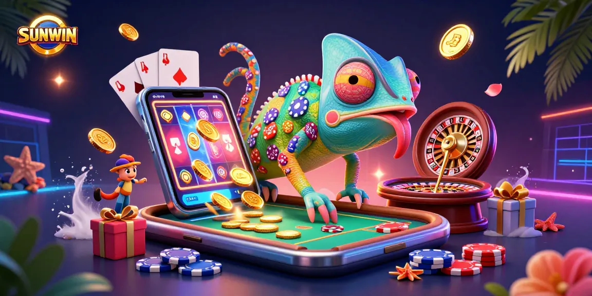 SUNWIN chameleon casino owner snatching golden coins while surrounded by vibrant gaming elements in a lively casino scene.