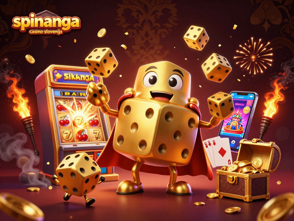 Prikaz vibracijske scene Spinanga Casino Slovenija s 3D kartonskim likom in elementi iger na srečo.