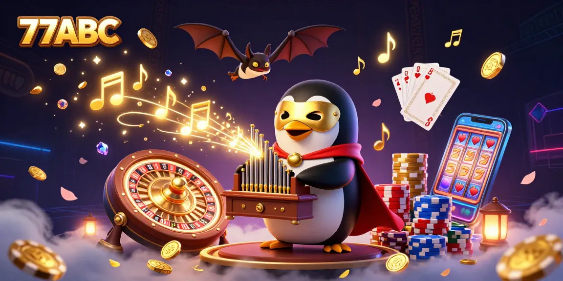 Experience the excitement of 77ABC with a whimsical phantom opera penguin amidst casino elements.