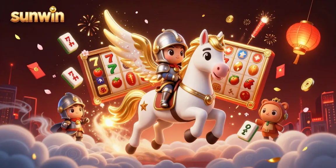 Experience the excitement of sunwin with a vibrant 3D casino illustration featuring a galloping celestial horse and casino elements.