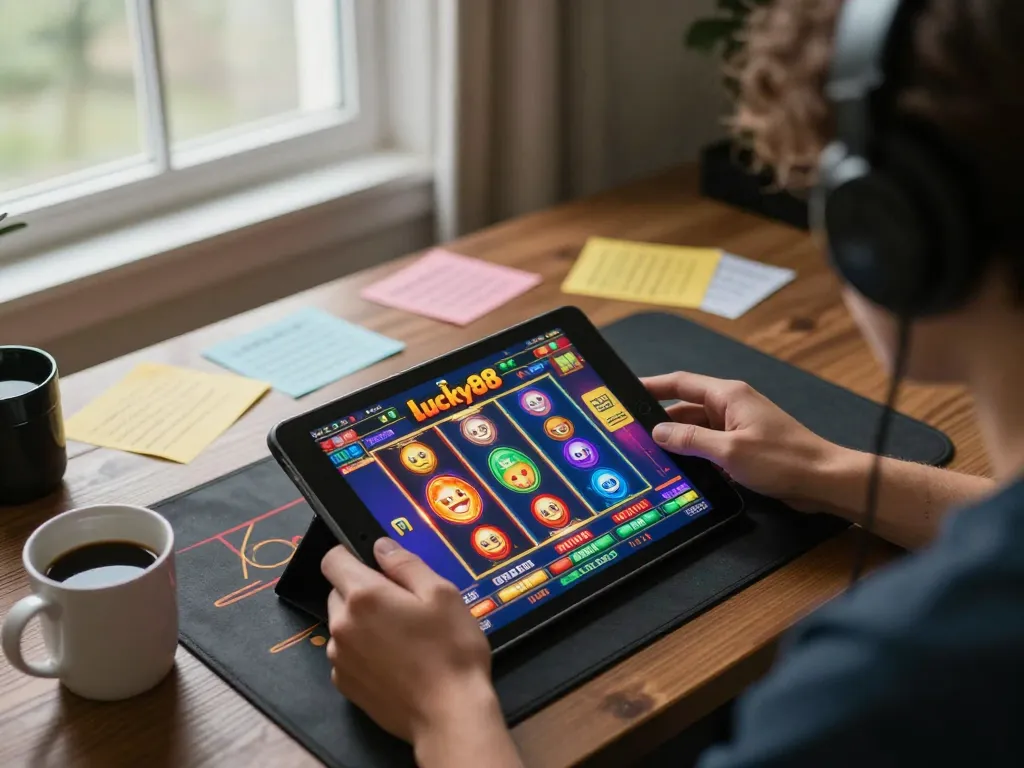 Engaging in the Lucky88 slot game on a tablet, showcasing an exciting online gambling experience.