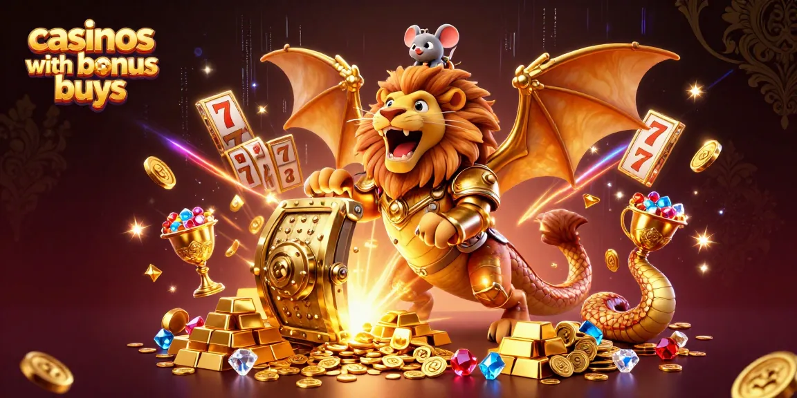 Experience excitement at casinos with bonus buys featuring thrilling slots and treasure in a vibrant scene.