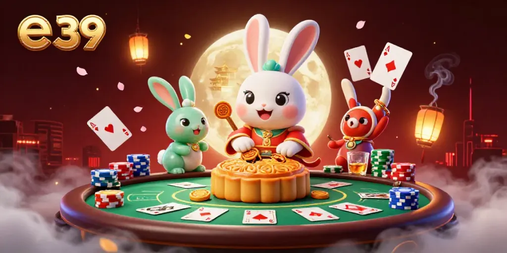 Engage with the energetic world of e 39 featuring a lunar scene of a moon rabbit revealing poker chips inside mooncakes amidst a vibrant casino atmosphere.