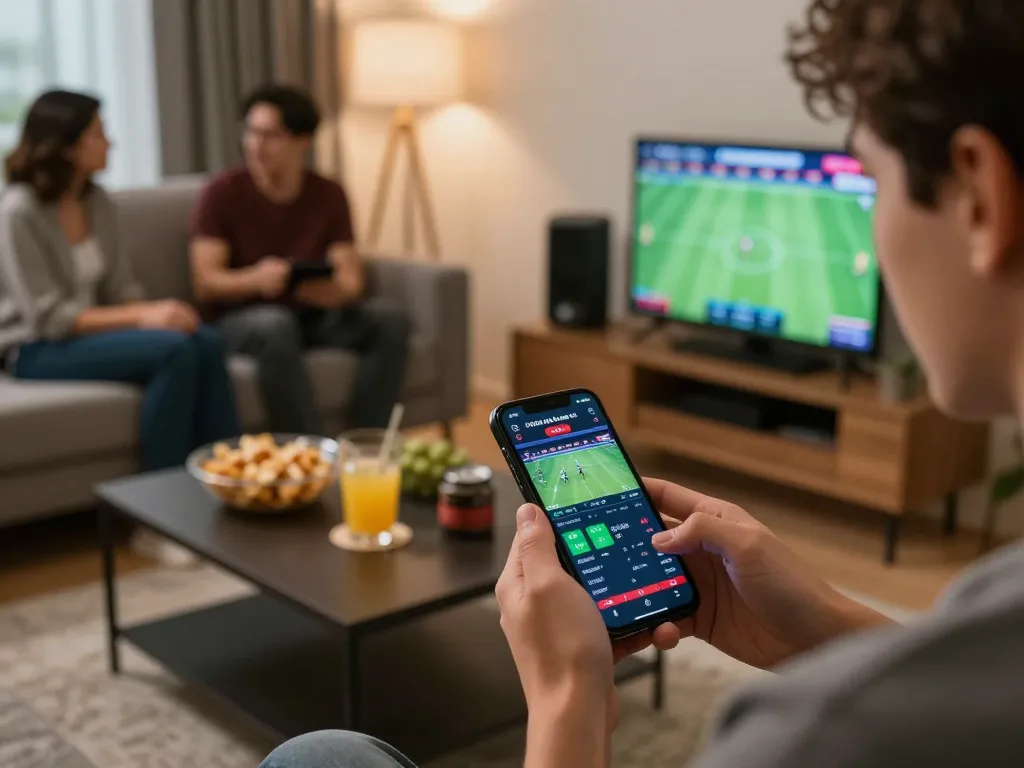 The user checks tỷ lệ kèo nhà cái hôm nay on a smartphone while enjoying a relaxed evening at home with friends.