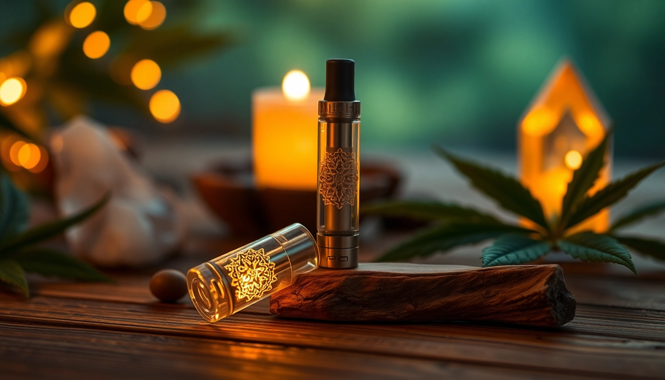 Buy DMT online through an elegant vape cartridge highlighting intricate designs and natural ambiance.