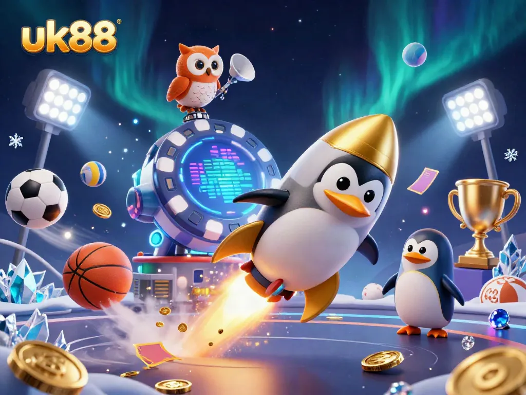 Experience thrilling betting adventures with uk88's animated casino elements and characters soaring through space.