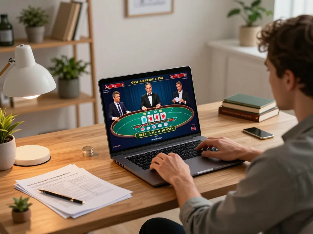 Engaging in strategic live baccarat gameplay at home using laptop in cozy setting