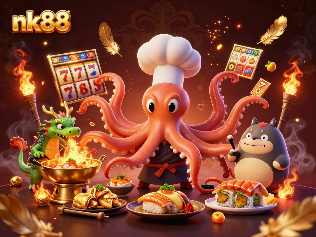 Experience the thrill of nk88 gambling with a cartoon octopus chef preparing golden dishes amidst vibrant casino elements.