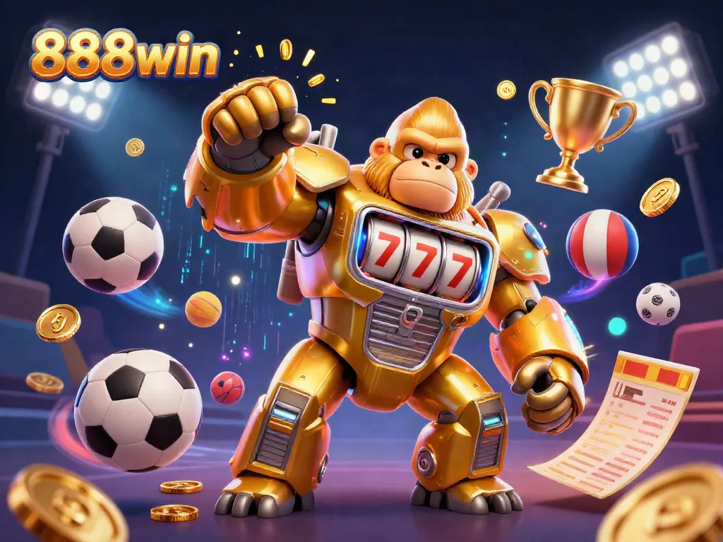 Join the excitement of 888win with a captivating 3D illustration featuring dynamic sports betting elements and a golden gorilla mech.