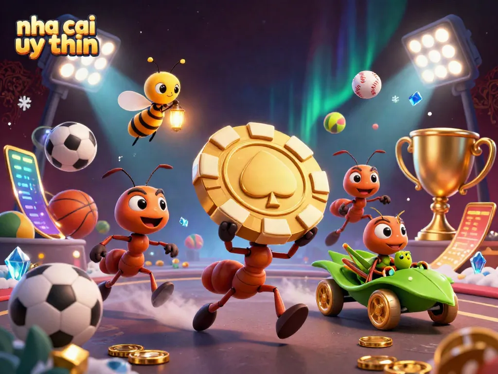 Experience thrilling wins with "nha cai uy tin" gaming adventures showcasing ants carrying poker chips.