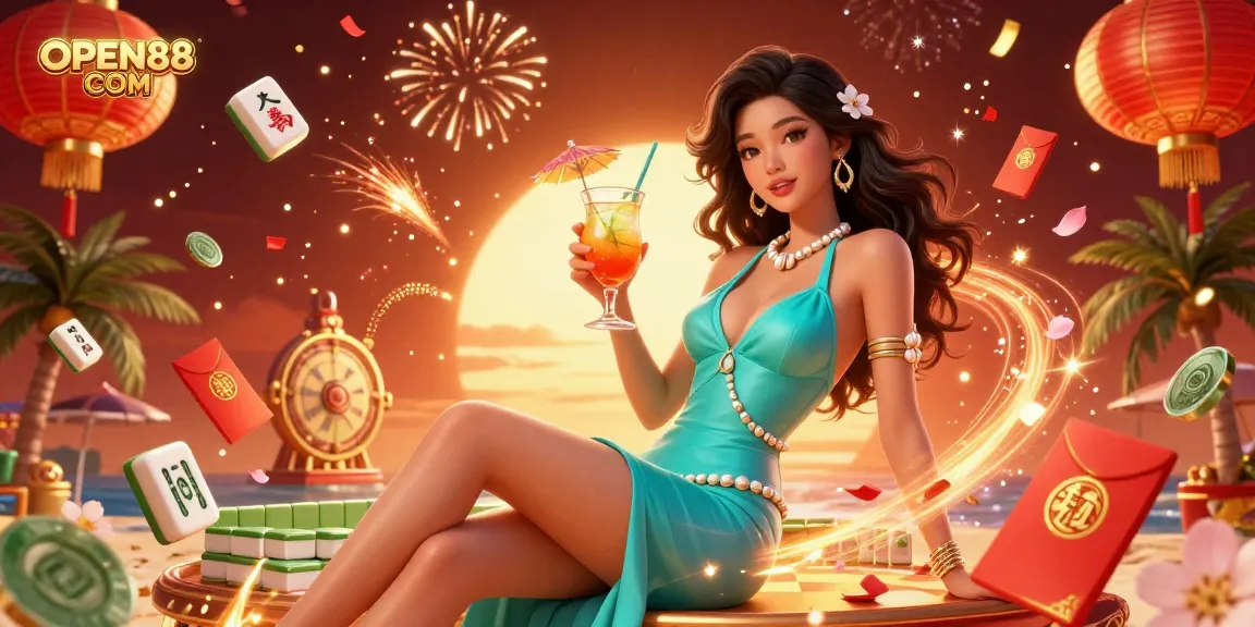 Experience vibrant gaming at OPEN88 COM with mahjong tiles and a festive scene celebrating chance and luck.