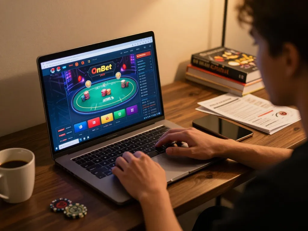 Engaging scene of a player using OnBet for online casino games, showcasing strategic gameplay in a cozy environment.