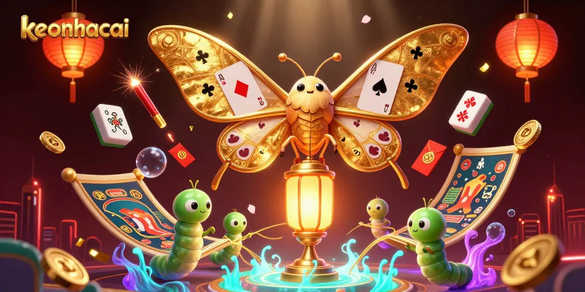 Experience keonhacai in vibrant 3D art featuring a moth and casino elements.