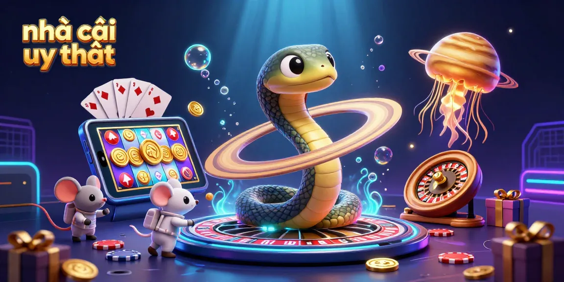 Engaging illustration of nhà cái uy tín with a vibrant cosmic casino scene featuring Saturn, astronaut mice, and golden jellyfish.