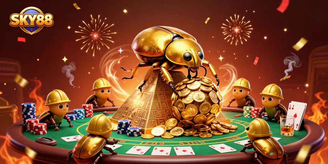 Engage with SKY88 as a golden dung beetle rolls coins toward a vibrant casino scene.
