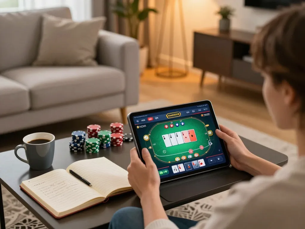 rokok88 player enjoying online poker strategy session in a cozy living room setting