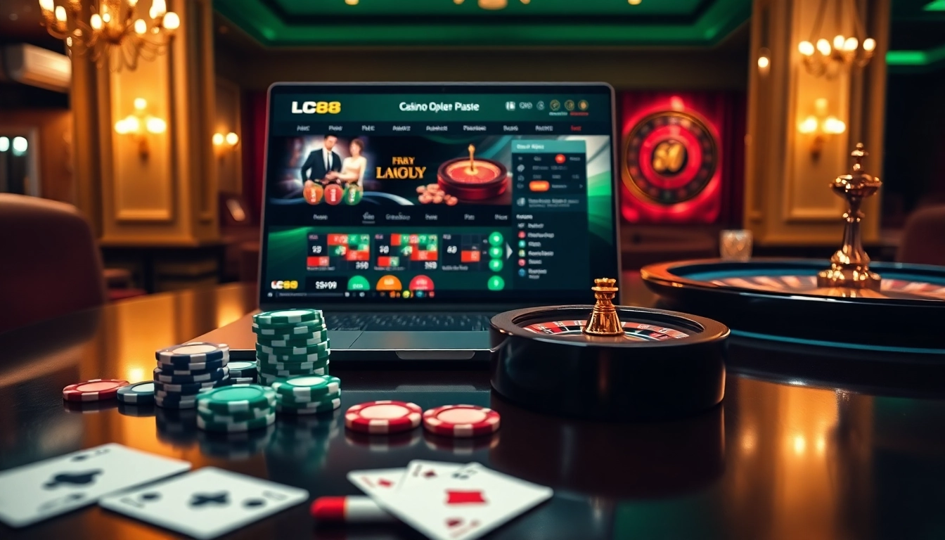 Experience luxury gaming at LC88 online casino with poker chips and roulette wheel.