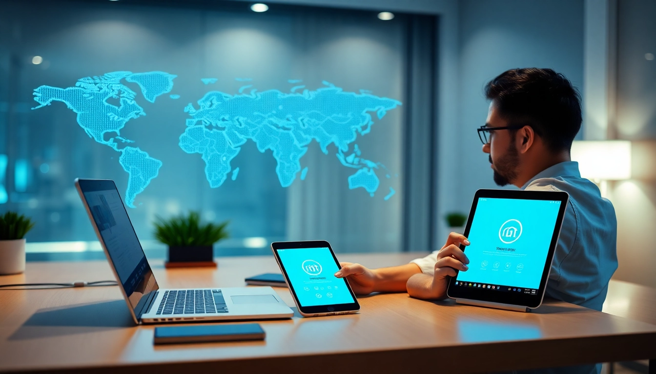 快连官网 interface displayed on devices in a modern workspace, showcasing global connectivity and security.