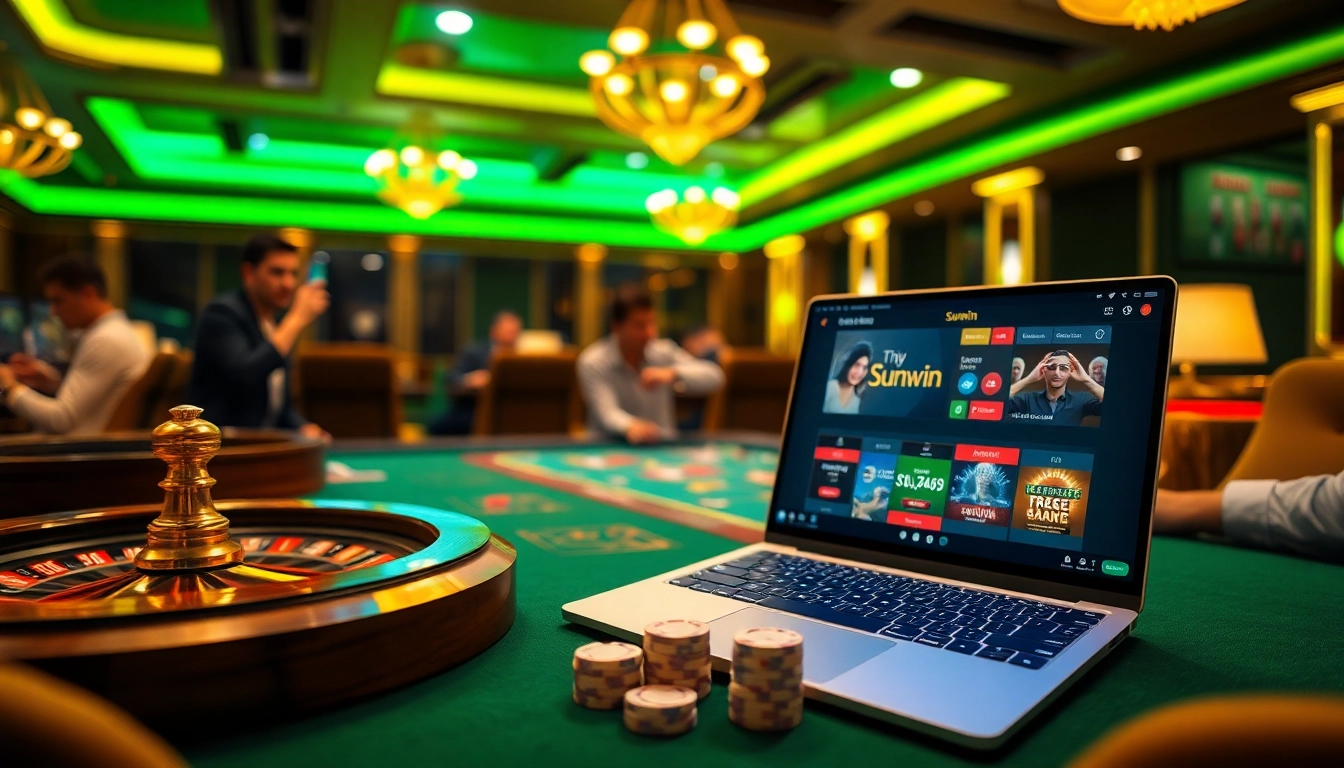 Tải sunwin for an exciting gaming experience at a luxurious online casino, featuring cards and roulette.