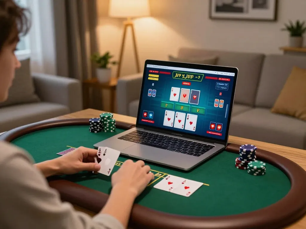 Player engaging with vip79 online blackjack game, showcasing cards and chips in a cozy home environment