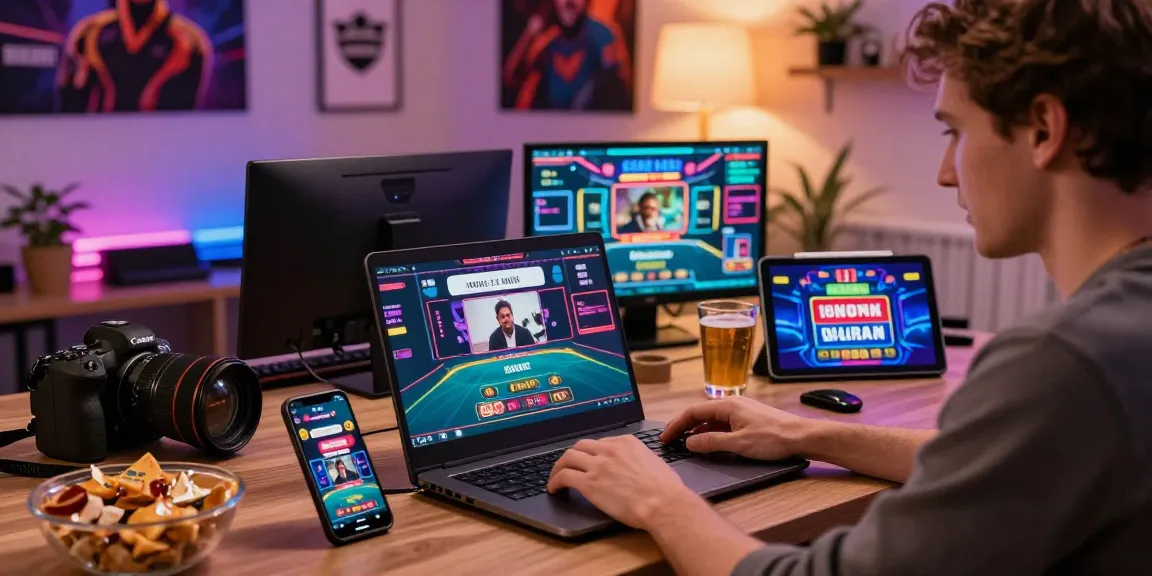 British player enjoying non UK casinos with multiple devices showcasing live games and vibrant graphics.