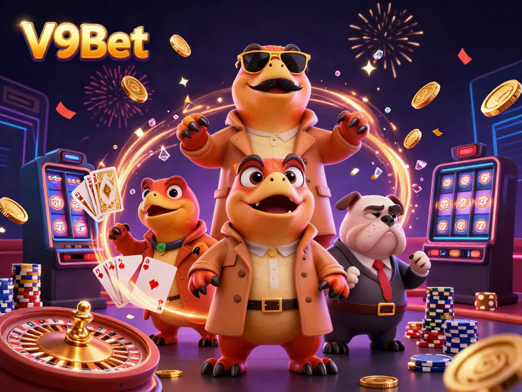 Experience the excitement of V9Bet with cartoon raptors and casino elements, celebrating in style.