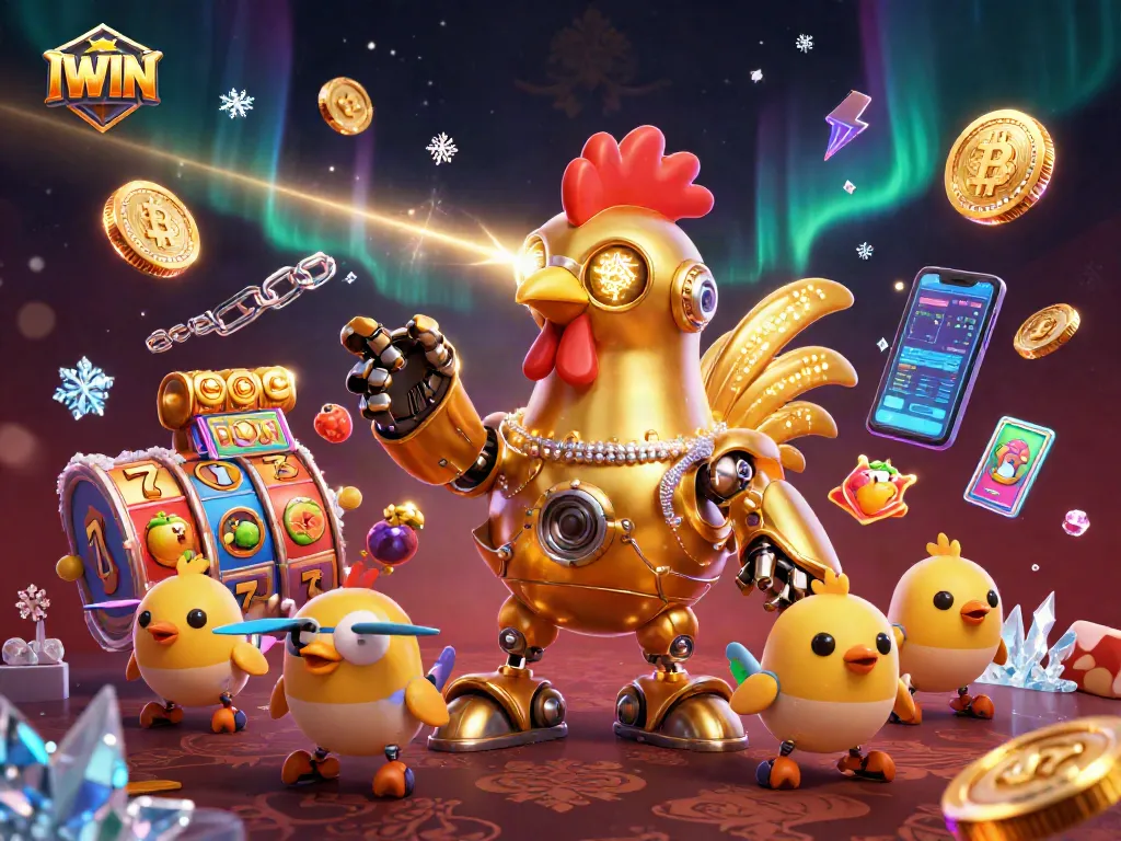 IWIN interactive experience with a futuristic rooster robot illustrating thrilling slot gameplay.