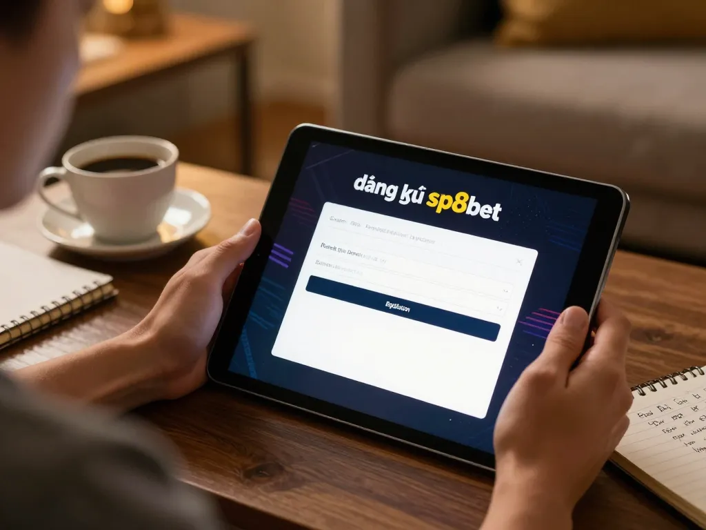 Engaged user completing đăng ký sp8bet process on a cozy home tablet gaming setup.