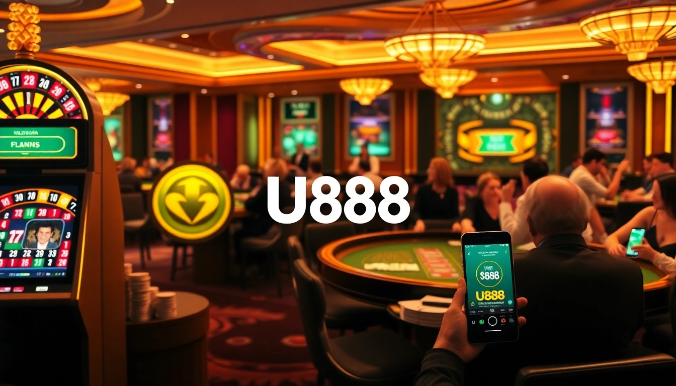 Exciting gameplay at U888 casino with vibrant slot machines and poker tables.