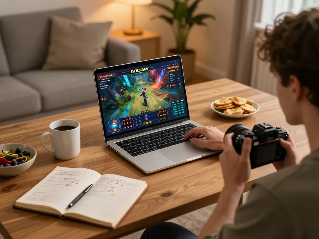 Player enjoying DH88 online casino gaming on laptop with strategic notes nearby.