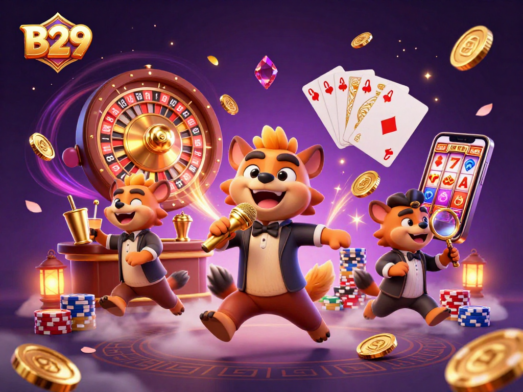 B29 players enjoy a vibrant casino scene with hyenas, sparkling gems, and golden coins.