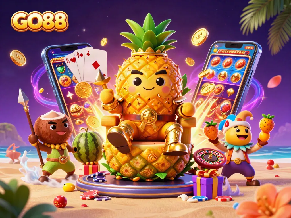 Experience GO88 at a vibrant beach casino with a golden pineapple king, surrounded by dynamic game elements.