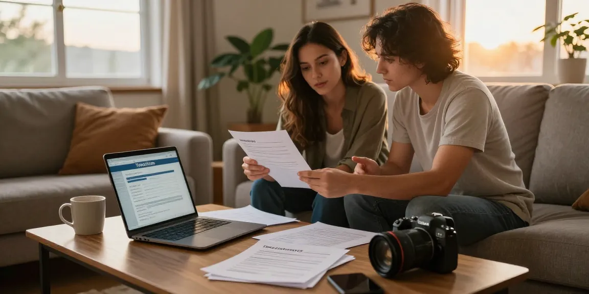 Couple discussing how to cancel my timeshare in a cozy living room with paperwork spread out.