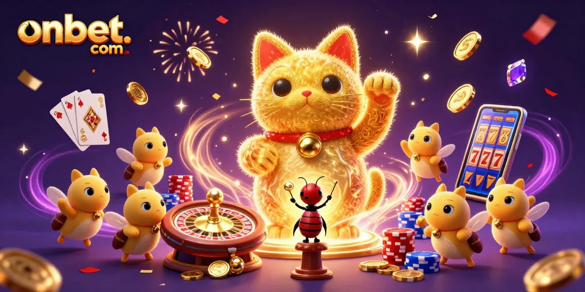 Experience the fun at onbet. com with a vibrant casino-themed illustration featuring a lucky cat and dynamic gaming elements.