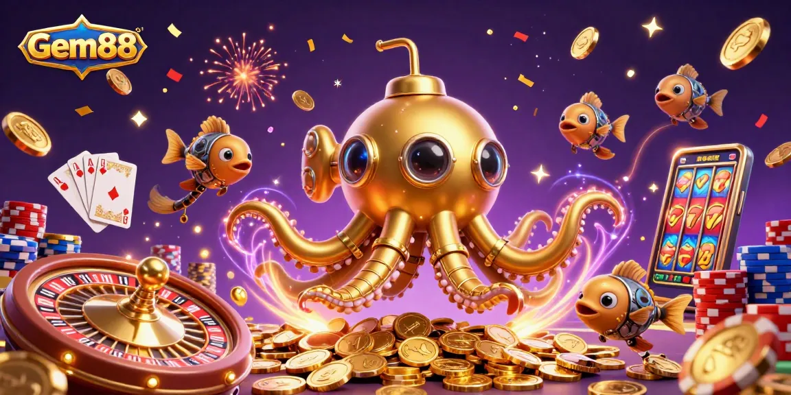 Experience immersive fun with Gem88 featuring a vibrant kraken submarine and mechanical fish in a golden coin casino.