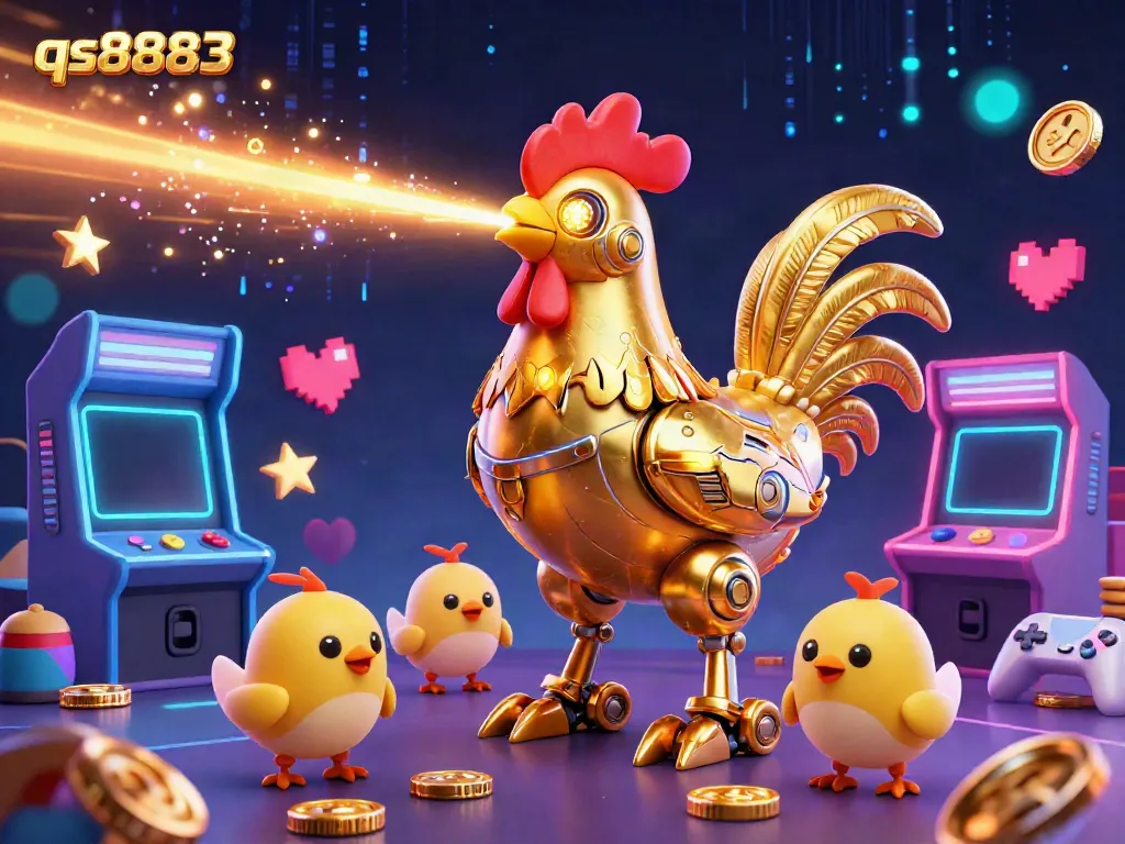 Experience thrilling action at qs8883 with a golden rooster robot and baby chick drones in a vibrant casino setting.