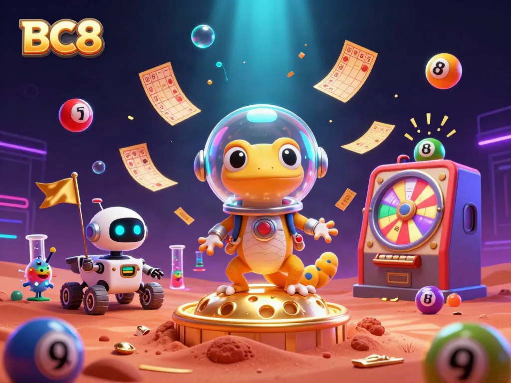 BC8 Martian gecko uncovers a hidden golden casino amid vibrant lottery elements and a cheering alien crowd.