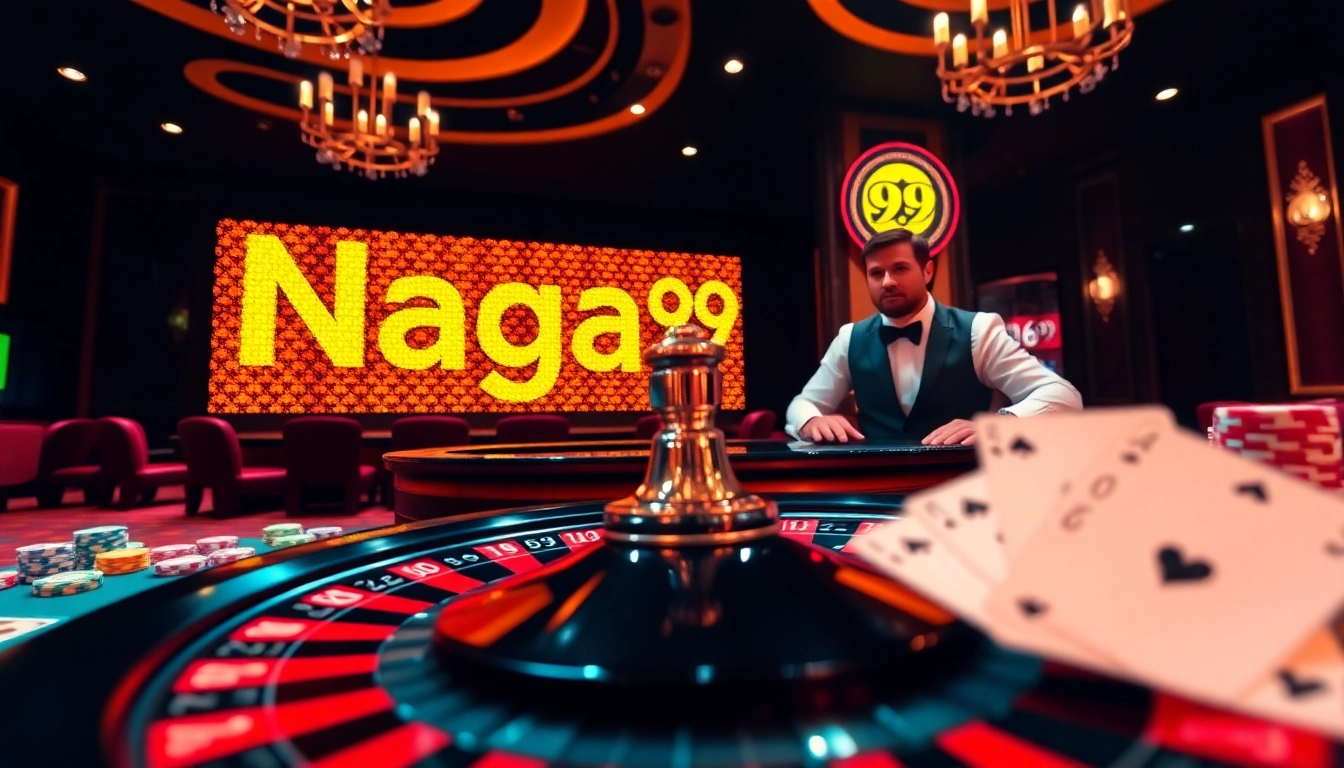 Naga99 casino scene showcasing excitement with roulette, poker chips, and a professional dealer.