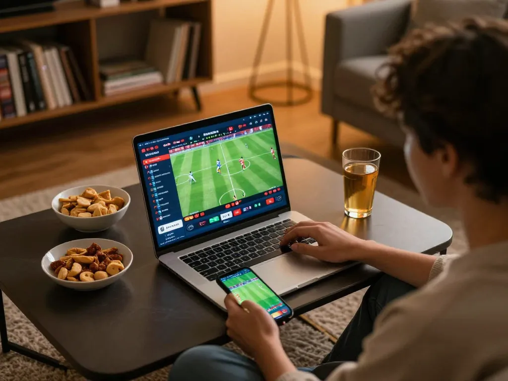 BONG88 user engaged in sports betting from home, showcasing live betting interface and cozy atmosphere